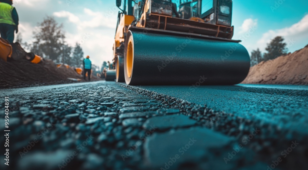 As the scene fades to black, workers and machinery are hard at work on the asphalt road construction site, creating fresh, smooth pavement with paving materials for the tarmac As the scene fades to black, workers and machinery are hard at work on the asphalt road construction site, creating fresh, smooth pavement with paving materials for the tarmac