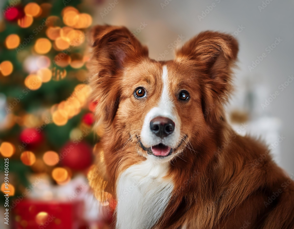 portrait of a dog with Christmas tree portrait of a dog with Christmas tree