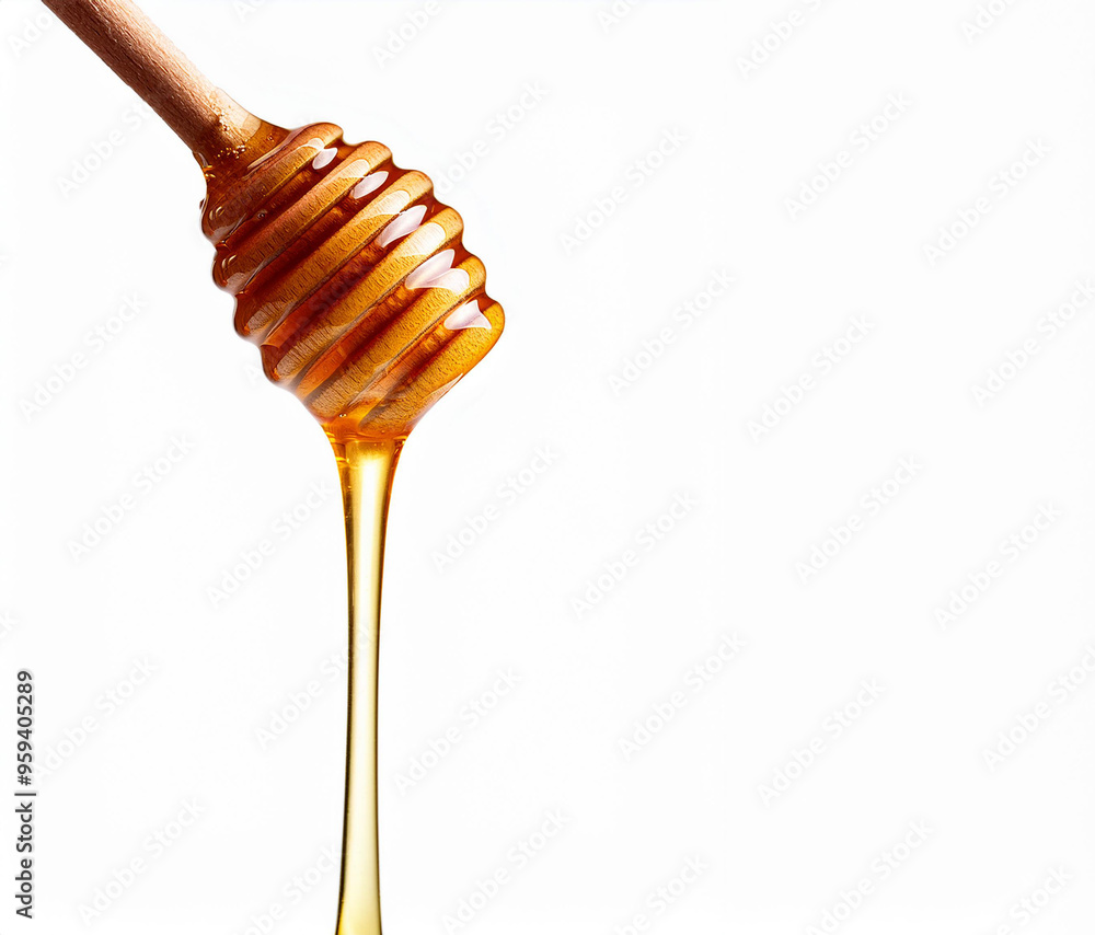 honey dripping from wooden spoon isolated on white background honey dripping from wooden spoon isolated on white background