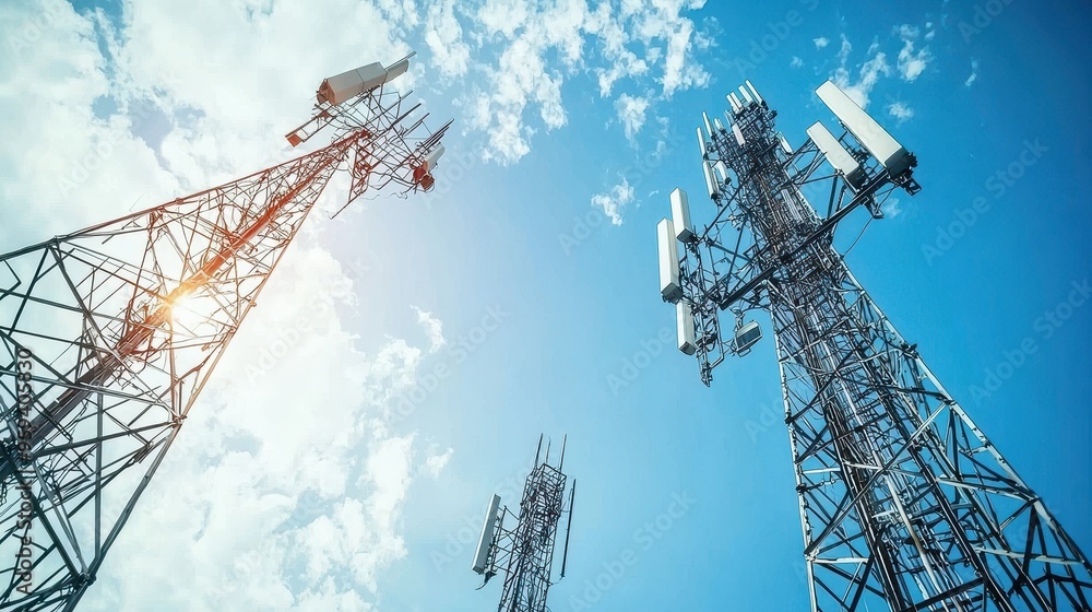 Communication Towers Against a Blue Sky with White Clouds Communication Towers Against a Blue Sky with White Clouds
