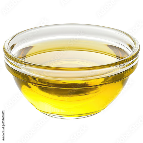 Extra virgin olive oil in glass bowl isolated on transparent white background, clipping path