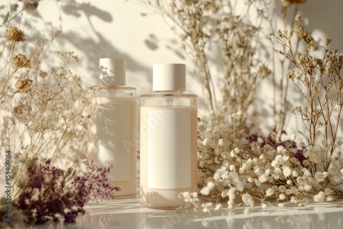 Two sleek cosmetic bottles stand amidst delicate dried flowers, emphasizing a natural theme