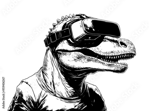 Dinosaur wearing a VR Headset isolated on white background