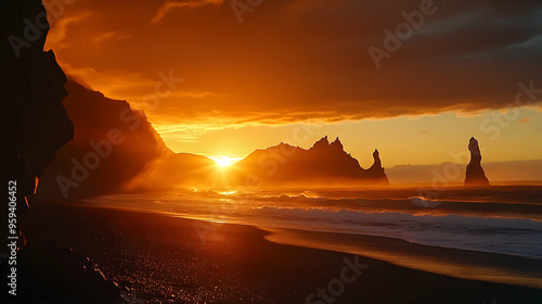 Dramatic sunset over black sand beach with rocky cliffs. photo