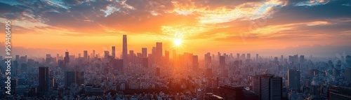 Cityscape Sunset Skyline Buildings Orange Sky Clouds