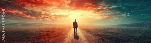 Man Walking Towards Bright Sunset Landscape