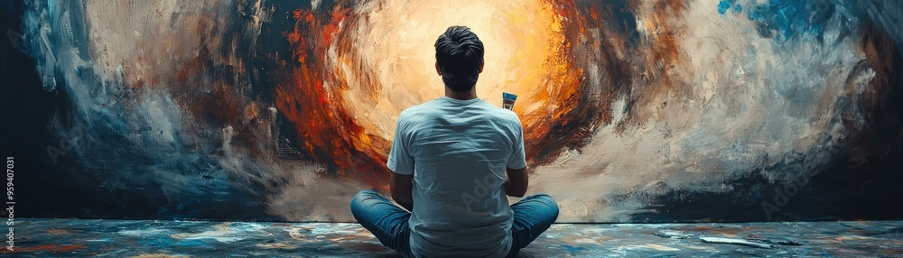 Obraz premium Artist Contemplating Abstract Painting - Creative Process