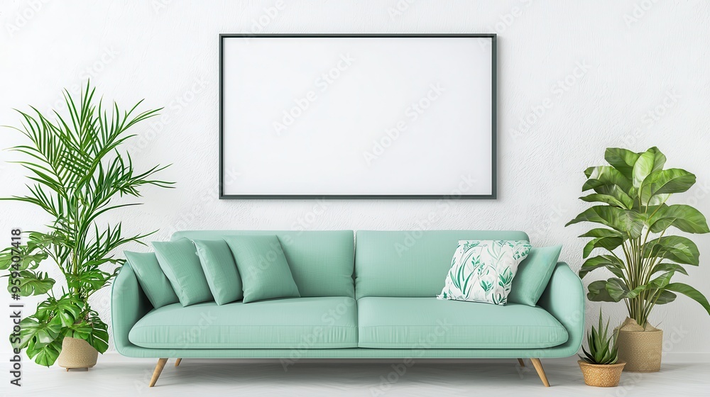 Green Sofa with Plants and Blank Canvas Mockup in Modern Living Room Interior Green Sofa with Plants and Blank Canvas Mockup in Modern Living Room Interior