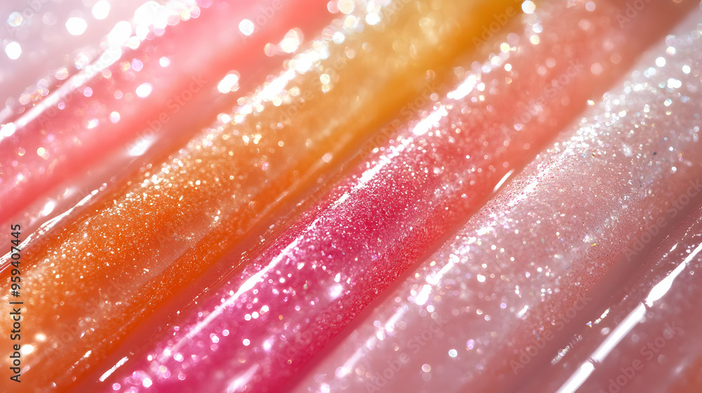 Fototapeta premium Shimmering Lip Gloss Textures in Pink Orange and White