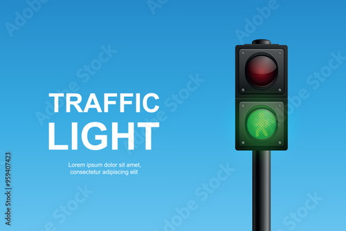 Vector Realistic Hanging Traffic Signal with Green, Yellow and Red Light. Pedestrian Signal. Traffic Light on Blue Sky Background