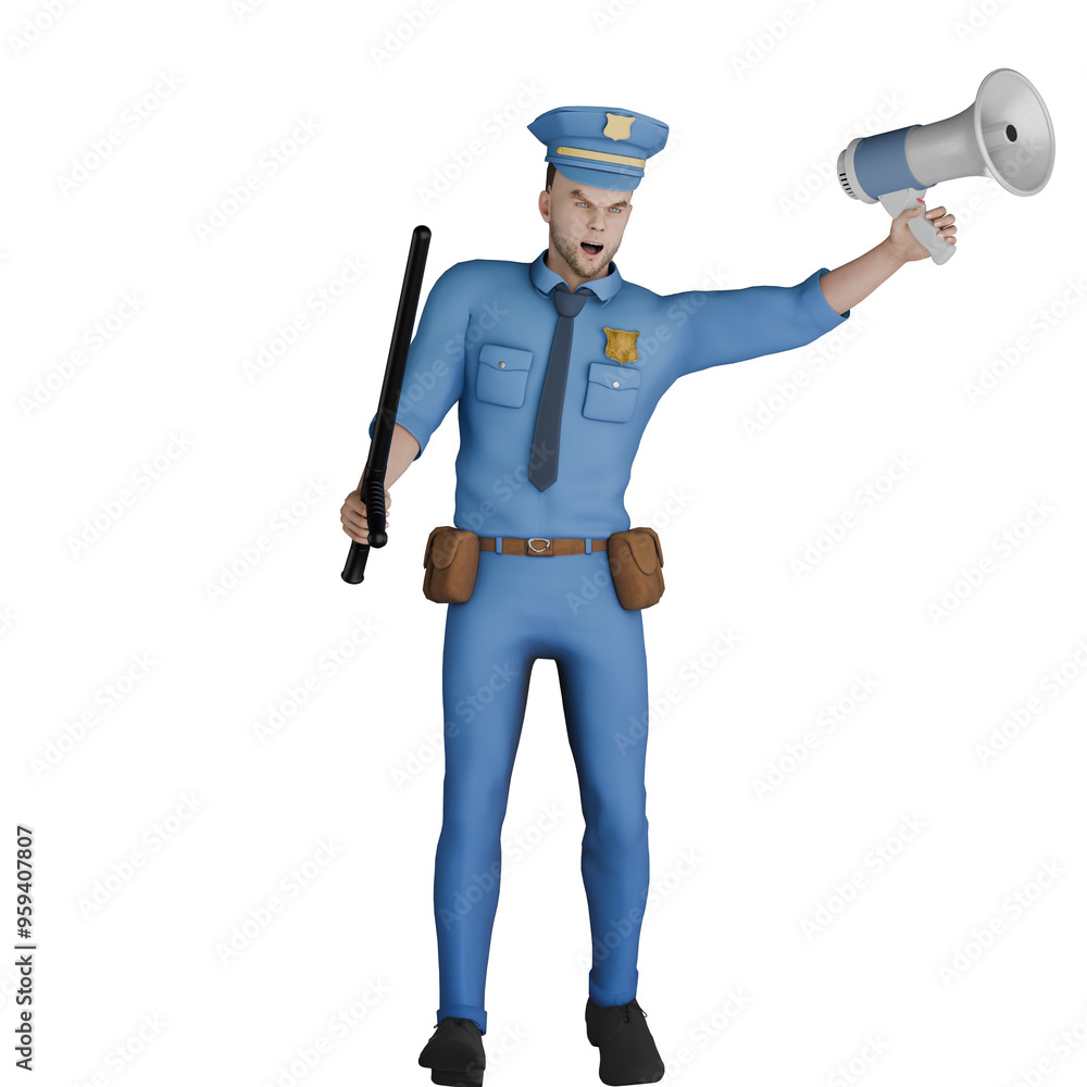 3D Male Cartoon Cop in Law Profession. A male police officer holding a baton in one hand and a megaphone in the other. Police Illustrated 3D Male Cartoon Cop in Law Profession. A male police officer holding a baton in one hand and a megaphone in the other. Police Illustrated