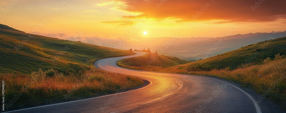 Naklejka premium Winding Road Through Mountain Landscape at Sunset