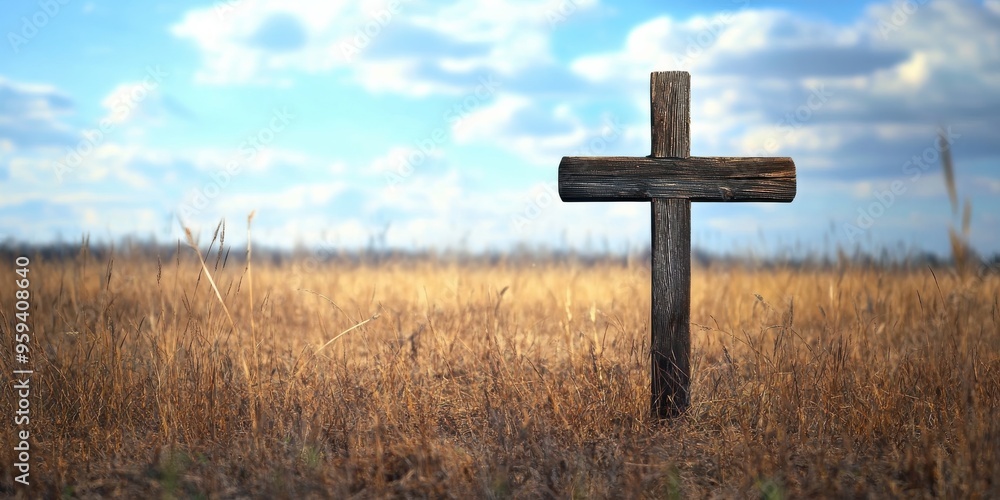 simple wooden cross in a field simple wooden cross in a field