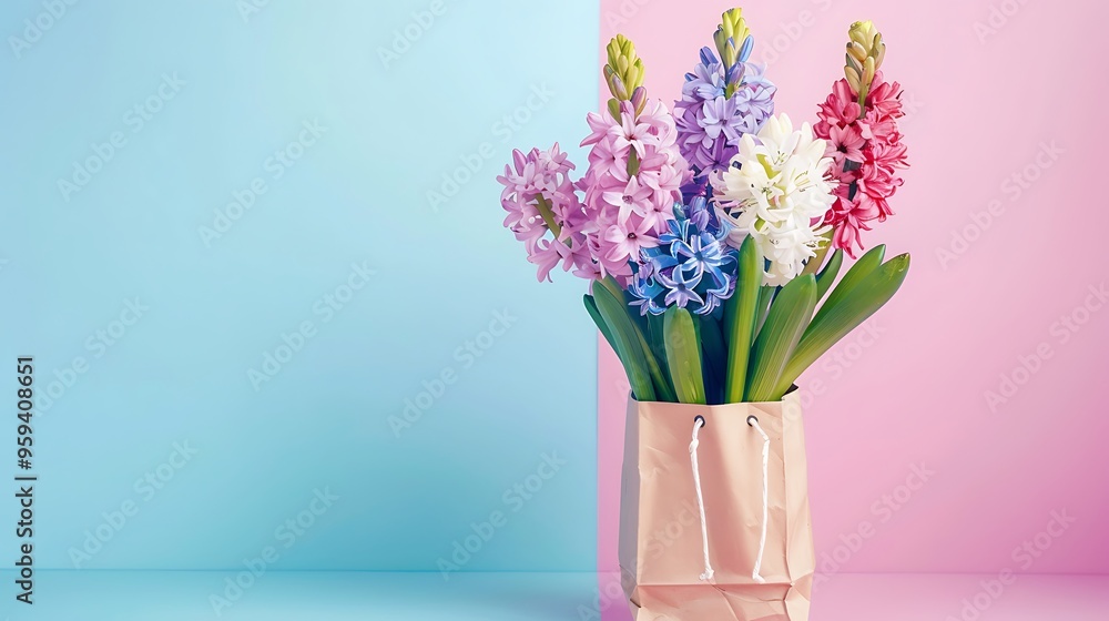 Fresh hyacinth flowers in shopping bag on pink and blue background Fresh hyacinth flowers in shopping bag on pink and blue background