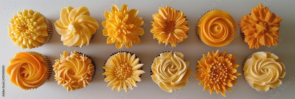 Fototapeta premium Autumn-inspired cupcakes featuring an assortment of yellow and orange icing patterns.