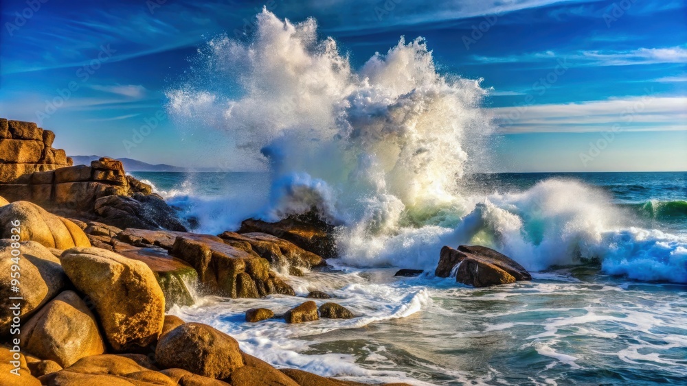 Naklejka premium Water spray from crashing waves on rocky shore, ocean, sea, nature, power, force, splash, spray, waves, water, coastal