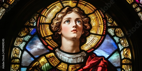 stained glass window of a saint 