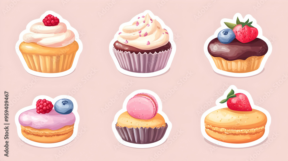 Sweet Pastry Collection Cupcakes Macarons and Cakes with Berries Sweet Pastry Collection Cupcakes Macarons and Cakes with Berries