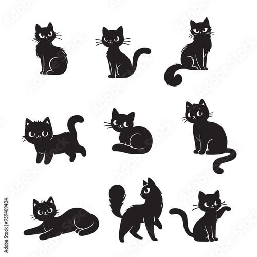 set of black cats silhouettes on white	
