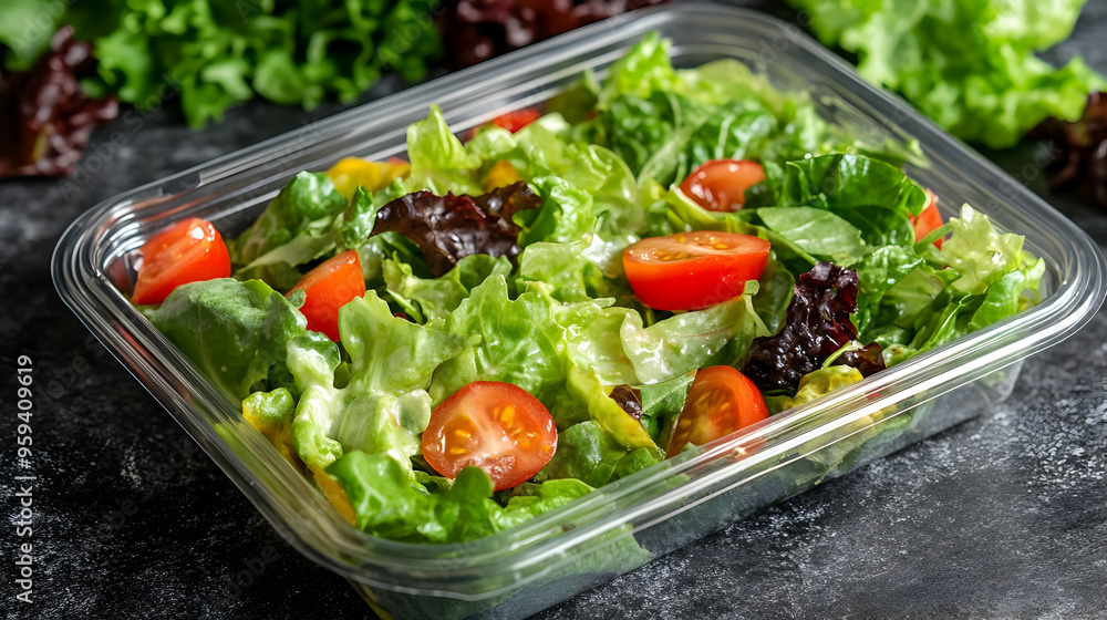 Fresh Green Salad with Cherry Tomatoes in a Clear Plastic Container Fresh Green Salad with Cherry Tomatoes in a Clear Plastic Container