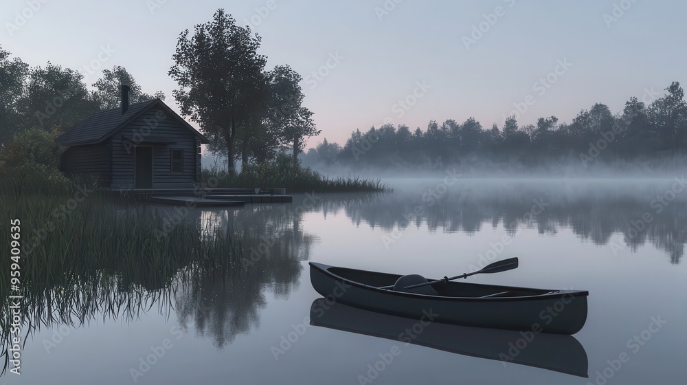 Fototapeta premium Misty Morning Canoe on a Tranquil Lake with a Cabin