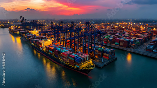 Cargo Ship at Sunset with Cranes and Containers