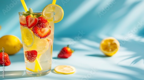 fresh yellow lemonade with strawberries and sliced lemon with yellow drinking straw in glass cup on azure background