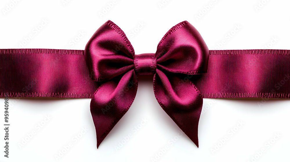 Burgundy Satin Ribbon Bow with Tails on White Background Burgundy Satin Ribbon Bow with Tails on White Background