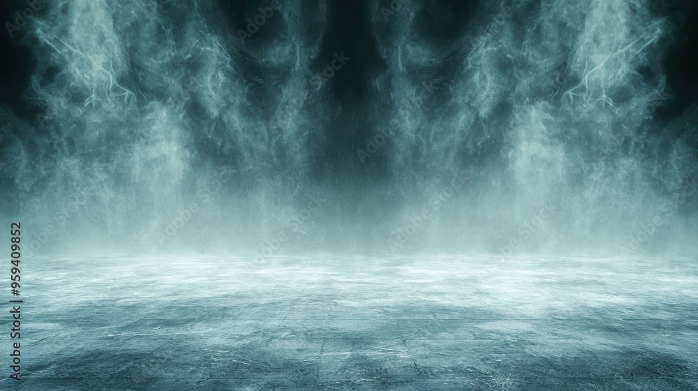 Abstract Blue Foggy Background with Concrete Floor Abstract Blue Foggy Background with Concrete Floor