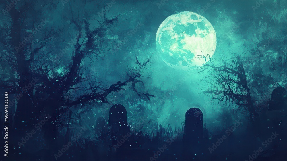 Obraz premium Mystical Forest Moonlight with Silhouettes of Trees and Tombstones