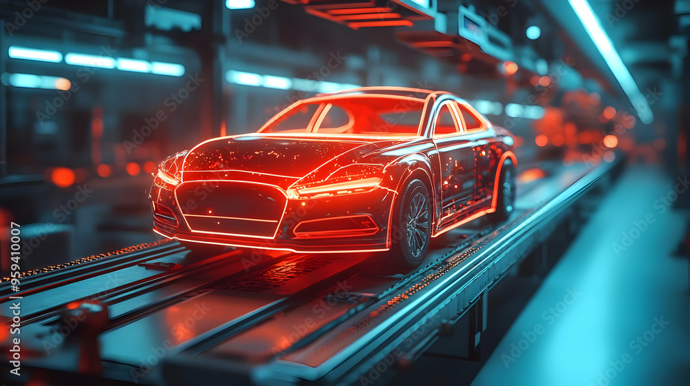 Futuristic Car Assembly Line with Neon Lights Futuristic Car Assembly Line with Neon Lights