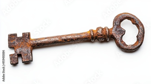 A Rusty Old Key Isolated on a White Background