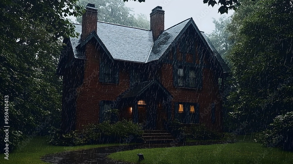 A rural landscape wallpaper featuring a house in the forest amidst rain and snow, showcasing natural outdoor scenery. A rural landscape wallpaper featuring a house in the forest amidst rain and snow, showcasing natural outdoor scenery.