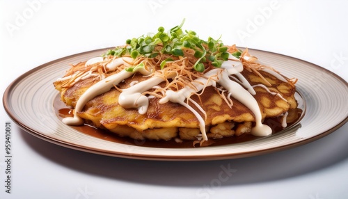 Okonomiyaki with mayonnaise on white background isolated