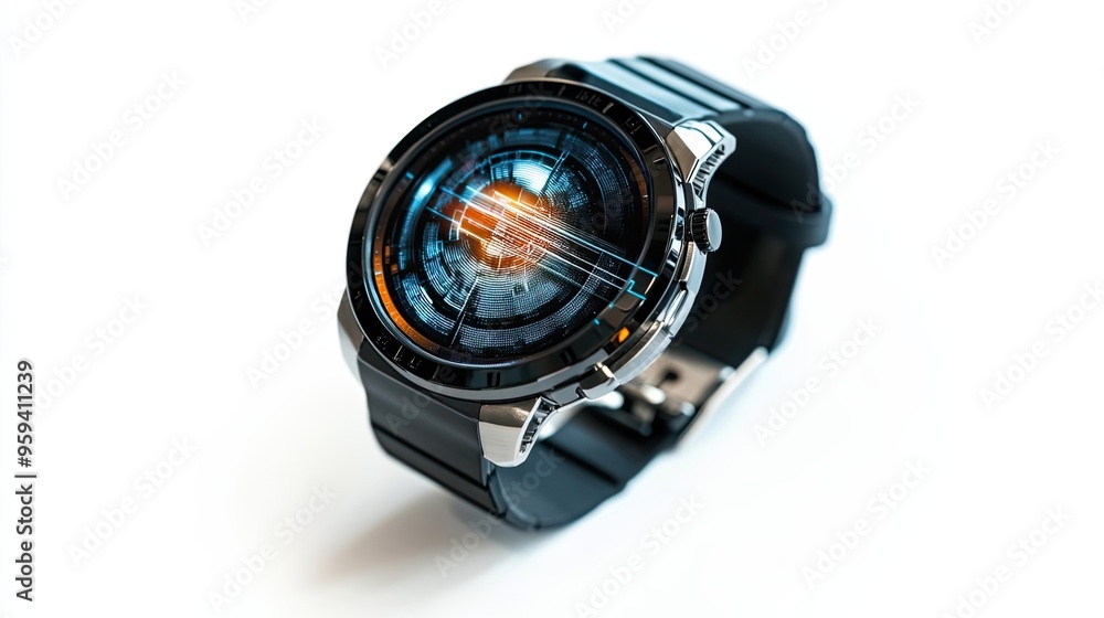 Modern Black Smartwatch with Blue and Orange Digital Display Modern Black Smartwatch with Blue and Orange Digital Display