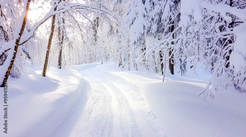 Fototapeta premium Snow-covered winding path through a serene winter forest, surrounded by tall trees and thick layers of fresh snow