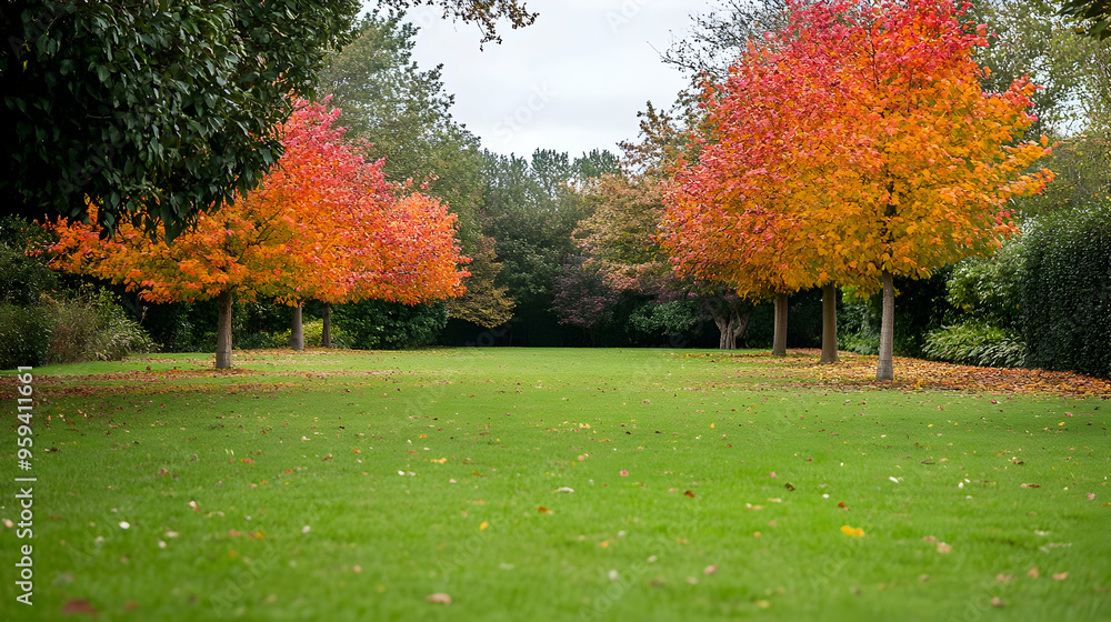 Naklejka premium Autumn Trees with Orange and Red Leaves in a Green Meadow