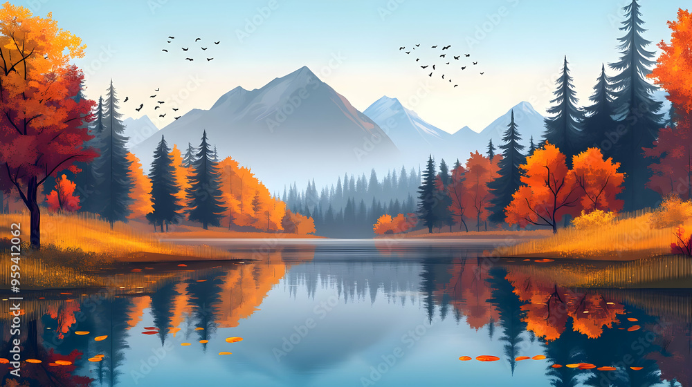 Fototapeta premium Autumn Mountain Lake Landscape with Reflection