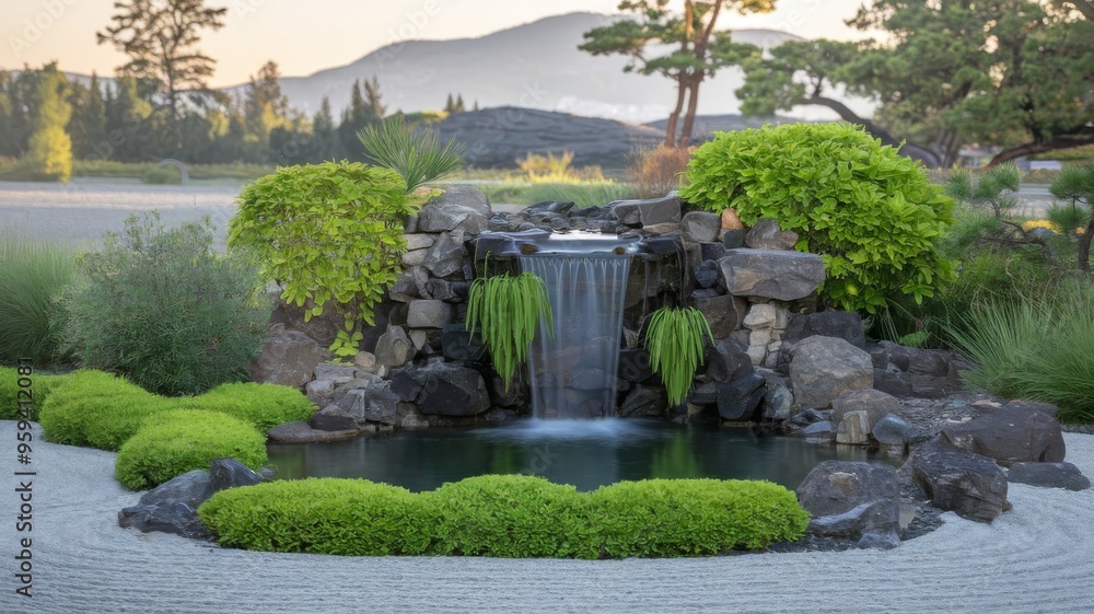 Peaceful Zen Garden Waterfall. Cascading water feature surrounded by vibrant green foliage Peaceful Zen Garden Waterfall. Cascading water feature surrounded by vibrant green foliage
