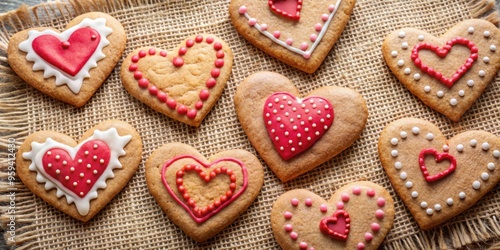 Heart-shaped homemade cookies decorated with the word LOVE using pastry bags, valentine, cookies, baked goods