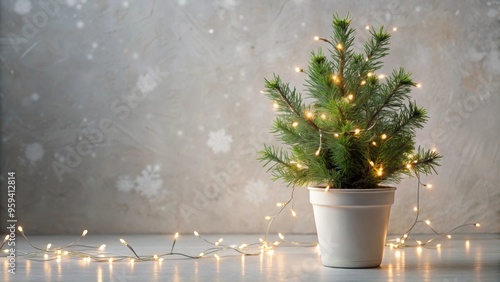 Minimalist Christmas decor with twinkling fairy lights draped around potted evergreen plant , minimalist, Christmas