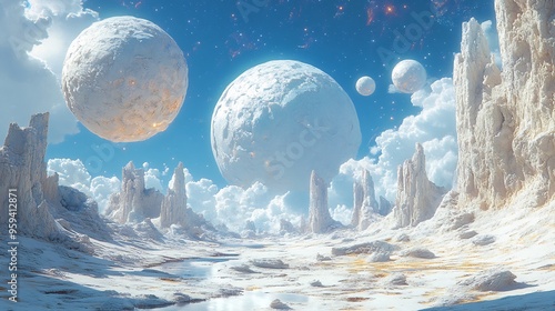 Surreal dreamscape floating orbs and strange landscapes