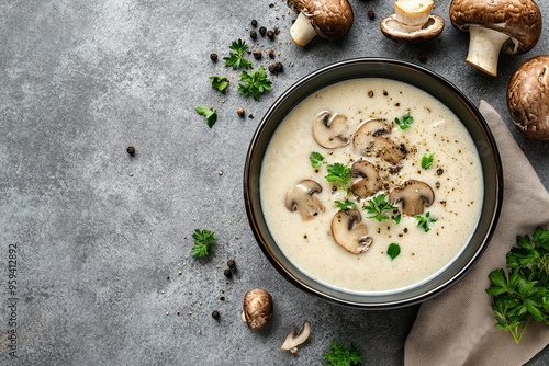 Homemade cream of mushroom soup in a bowl on a gray background, top view. Flat lay, overhead, from above