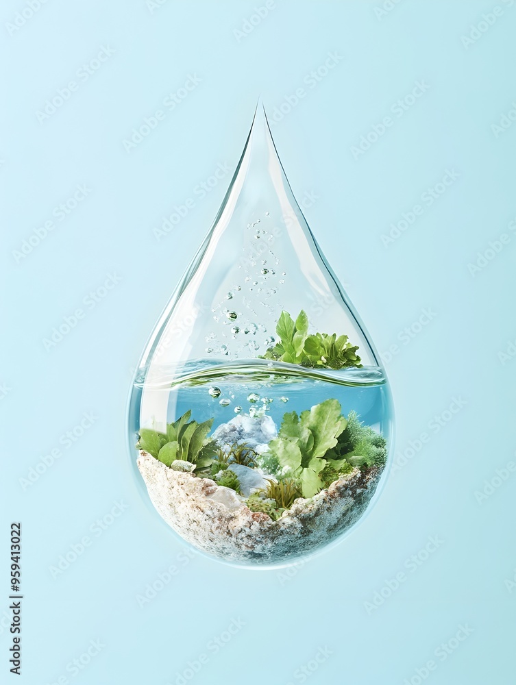 Obraz premium Surreal Floating Droplet Encapsulating Natural Extracts Above the Ocean
