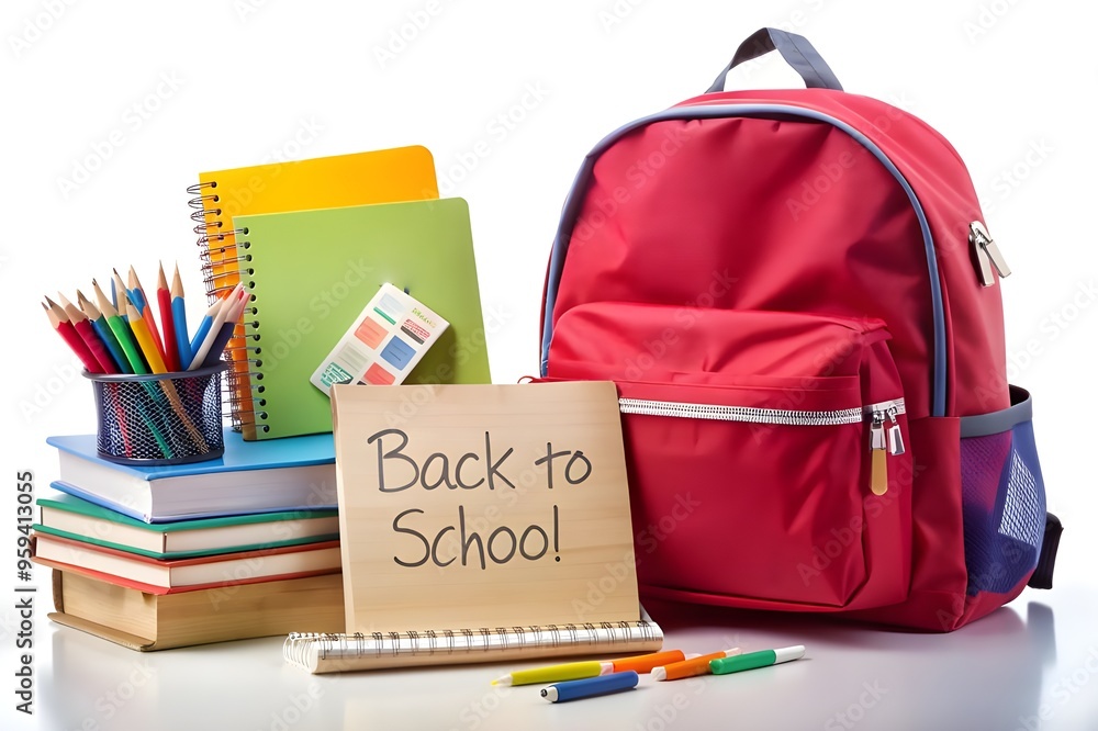 backpack with school stationery on brown wooden table near black chalkboard. Back to School backpack with school stationery on brown wooden table near black chalkboard. Back to School