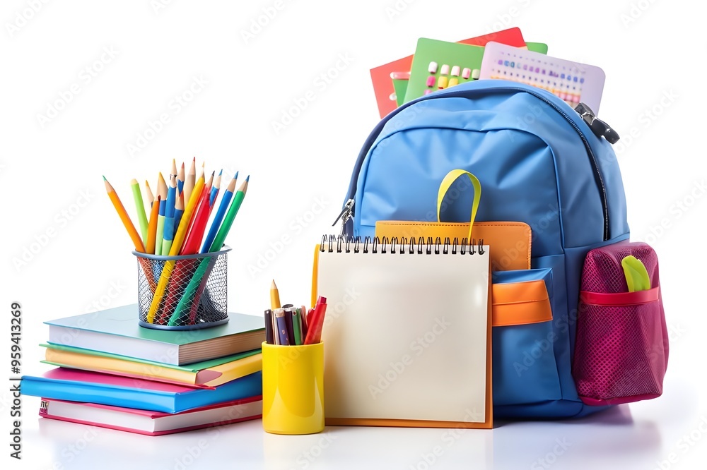 backpack with school stationery on brown wooden table near black chalkboard. Back to School backpack with school stationery on brown wooden table near black chalkboard. Back to School