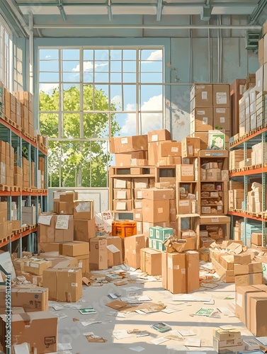 Surreal Warehouse with Misplaced and Mislabeled Items in Chaotic Disarray photo