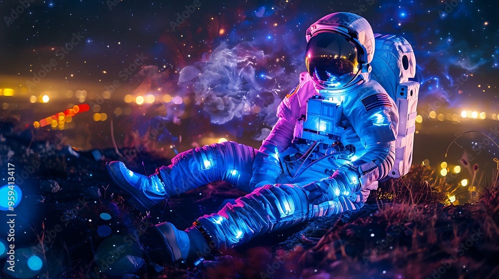 Fototapeta premium Utilize light graffiti depict an astronaut's journey through the cosmos