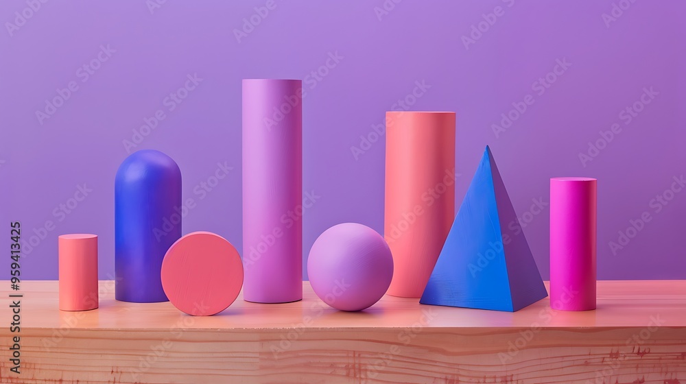 Geometric shapes of different shapes on a wooden table isolated on purple and pink background Geometric shapes of different shapes on a wooden table isolated on purple and pink background