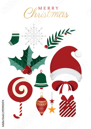 Christmas elements icon set design. Christmas animal and leaves icon collection